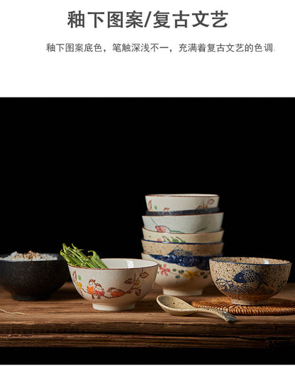 4.5 inch, 5 inch, retro Chinese Japanese creative hand - painted flower cereal ceramic soup rice bowl  4.5 英寸、5英寸，复古中国日式创意手绘花卉麦片陶瓷汤饭碗 - 日式餐具 - Zhongshan Star Trade