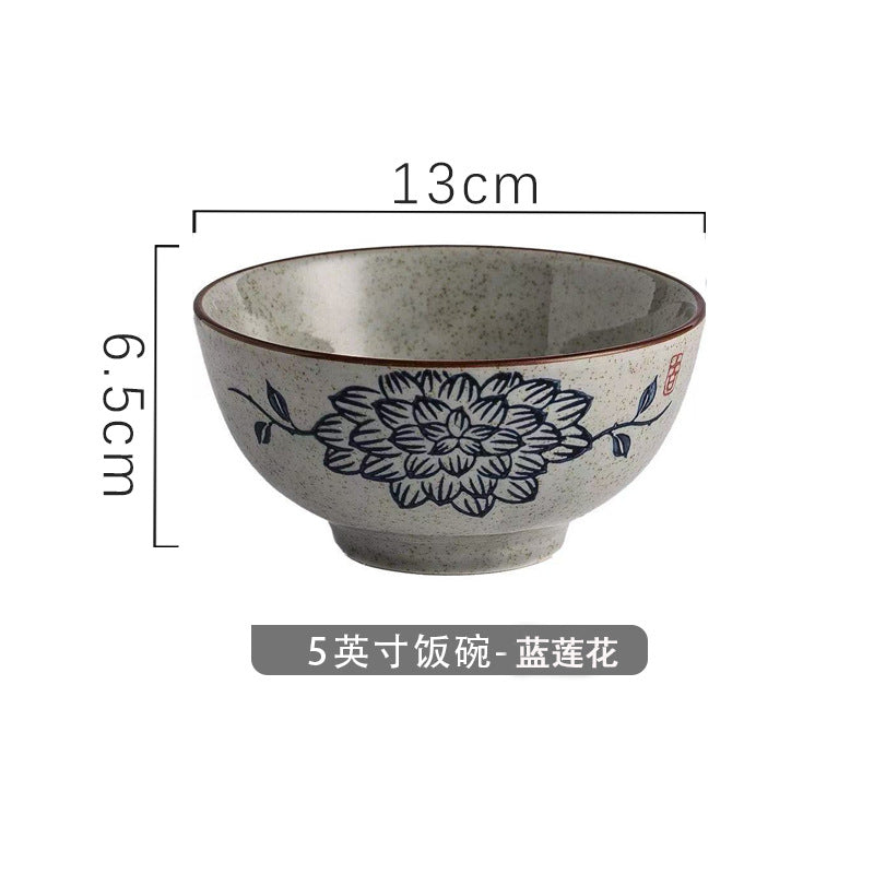 4.5 inch, 5 inch, retro Chinese Japanese creative hand - painted flower cereal ceramic soup rice bowl  4.5 英寸、5英寸，复古中国日式创意手绘花卉麦片陶瓷汤饭碗 - 日式餐具 - Zhongshan Star Trade - 蓝莲花5英寸米饭碗