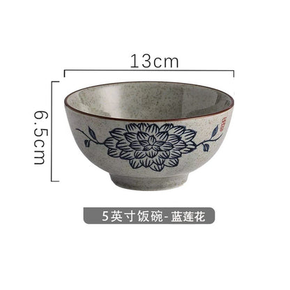 4.5 inch, 5 inch, retro Chinese Japanese creative hand - painted flower cereal ceramic soup rice bowl  4.5 英寸、5英寸，复古中国日式创意手绘花卉麦片陶瓷汤饭碗 - 日式餐具 - Zhongshan Star Trade - 蓝莲花5英寸米饭碗