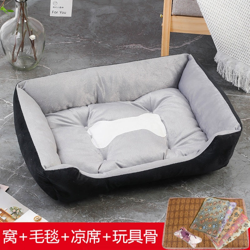 Rectangular washable orthopedic dog bed, suitable for small, medium and large dogs, soft and calm, durable pet bed for sleeping puppies, with anti - slip bottom 矩形可水洗矫形狗床，适用于小型、中型和大型犬，柔软镇静，睡眠小狗床耐用宠物抱抱器，带防滑底部 - 宠物友好型户外用品 - Zhongshan Star Trade - 黑灰色+凉席+骨头+毛毯 - 90*70*15cm（70斤内 - 1200g）