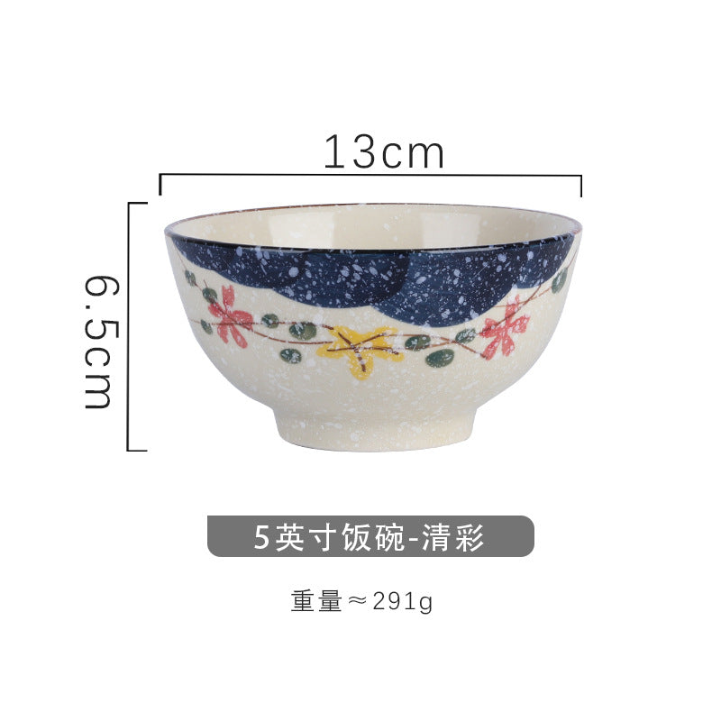 4.5 inch, 5 inch, retro Chinese Japanese creative hand - painted flower cereal ceramic soup rice bowl  4.5 英寸、5英寸，复古中国日式创意手绘花卉麦片陶瓷汤饭碗 - 日式餐具 - Zhongshan Star Trade - 清彩5英寸米饭碗