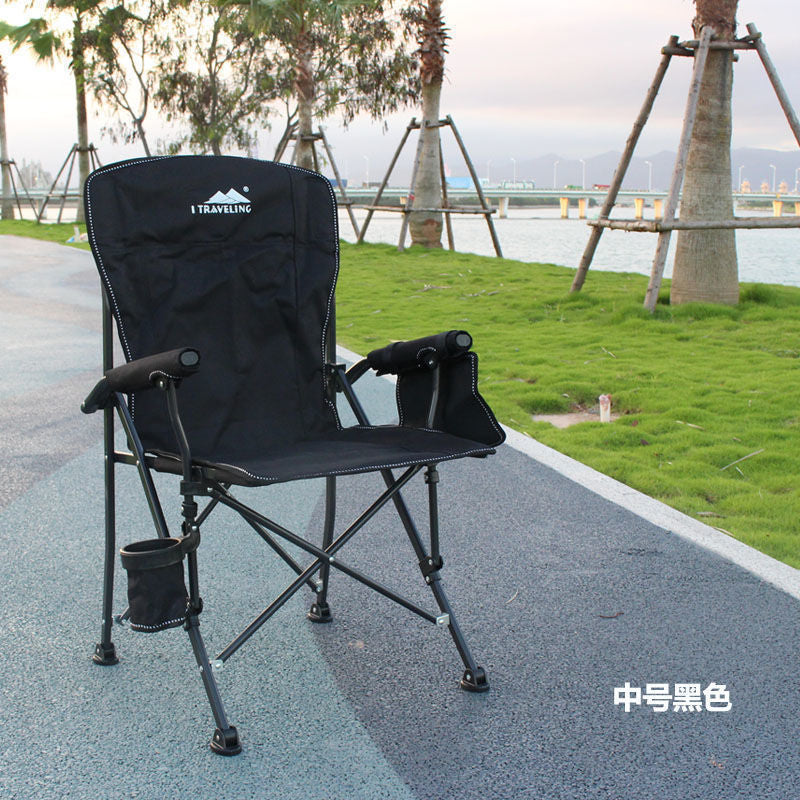 Portable camping chair with upholstered seats and backrests with side pockets and cup holders, including handbags, perfect for camping, trailing, fire pits, terraces and more便携式露营椅，带侧袋和杯架的软垫座椅和靠背，包括手提包，非常适合露营、尾随、火坑、露台等 - 户外折叠椅 - Zhongshan Star Trade - Black - 中号 - 实布
