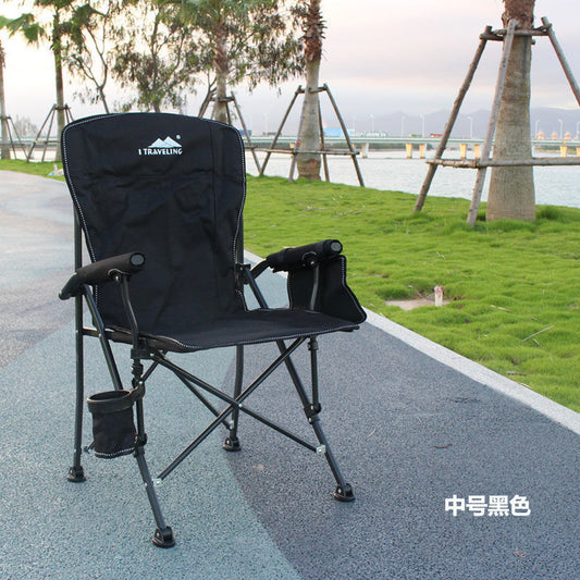 Portable camping chair with upholstered seats and backrests with side pockets and cup holders, including handbags, perfect for camping, trailing, fire pits, terraces and more便携式露营椅，带侧袋和杯架的软垫座椅和靠背，包括手提包，非常适合露营、尾随、火坑、露台等 - 户外折叠椅 - Zhongshan Star Trade - Black - 中号 - 实布