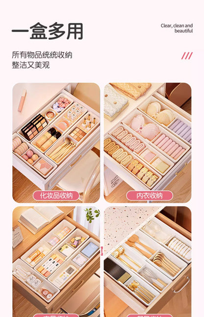 The storage box drawer is divided into built-in retractable rectangular compartments for cosmetics, lipsticks, snacks and small sundries