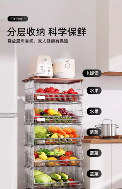 Multi-layered floor-standing household fruit, vegetable and snack storage rack, multi-functional living room trolley