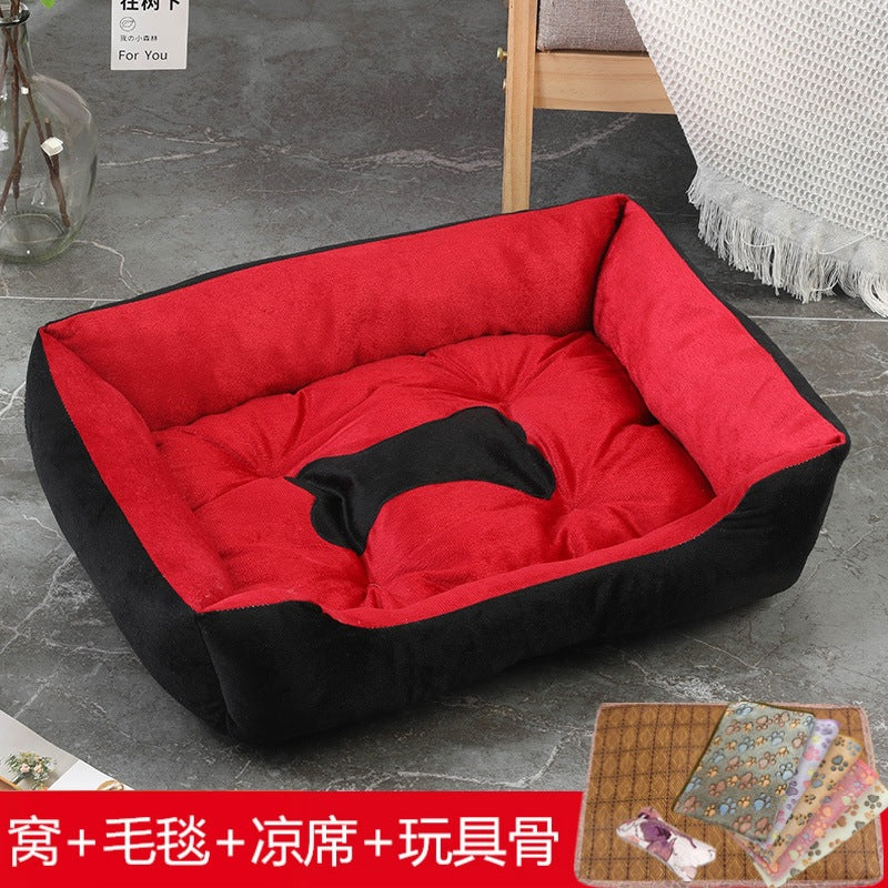 Rectangular washable orthopedic dog bed, suitable for small, medium and large dogs, soft and calm, durable pet bed for sleeping puppies, with anti - slip bottom 矩形可水洗矫形狗床，适用于小型、中型和大型犬，柔软镇静，睡眠小狗床耐用宠物抱抱器，带防滑底部 - 宠物友好型户外用品 - Zhongshan Star Trade - 红黑色+凉席+骨头+毛毯 - 90*70*15cm（70斤内 - 1200g）