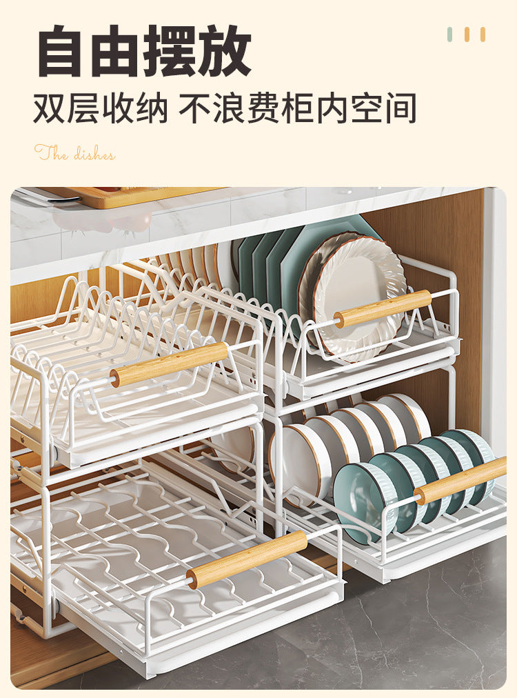 厨房碗碟抽拉收纳架碗盘橱柜拉篮抽屉式放碗水槽沥水碗碟置物架子 - Image 11