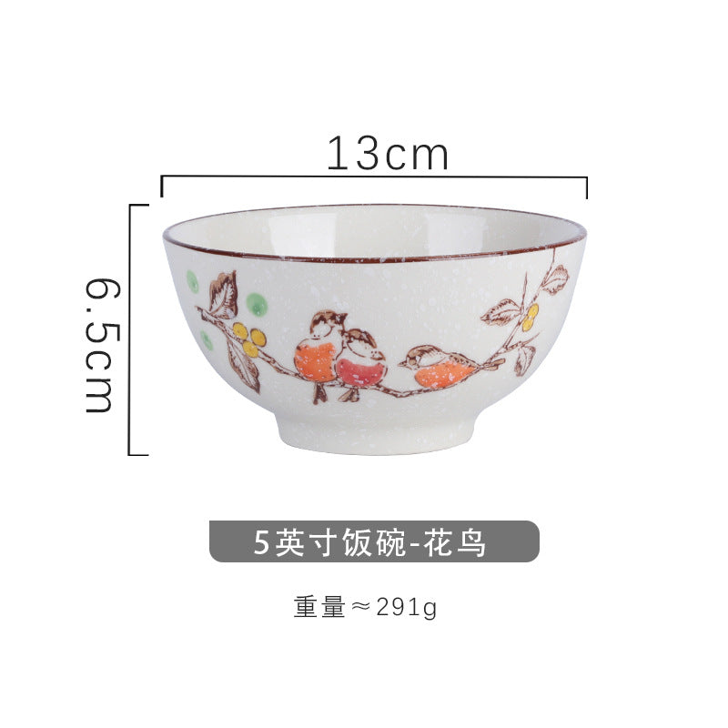 4.5 inch, 5 inch, retro Chinese Japanese creative hand - painted flower cereal ceramic soup rice bowl  4.5 英寸、5英寸，复古中国日式创意手绘花卉麦片陶瓷汤饭碗 - 日式餐具 - Zhongshan Star Trade - 花鸟5英寸米饭碗