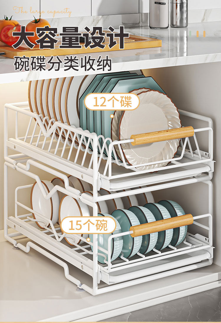 厨房碗碟抽拉收纳架碗盘橱柜拉篮抽屉式放碗水槽沥水碗碟置物架子 - Image 7