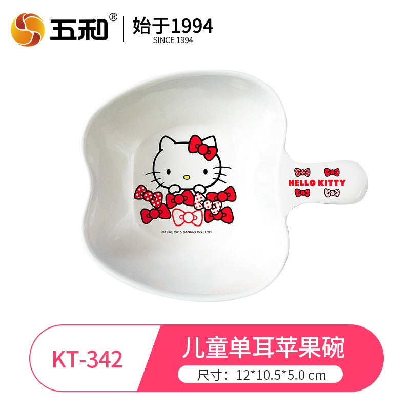 Genuine Sanrio Hello Kitty children's melamine tableware, high appearance level plates, cartoon bowls, plates, cups and tableware 正版三丽鸥凯蒂猫儿童密胺餐具高颜值餐盘卡通碗盘子杯子餐具 - 日式餐具 - Zhongshan Star Trade - 凯蒂猫儿童单耳苹果碗KT - 342