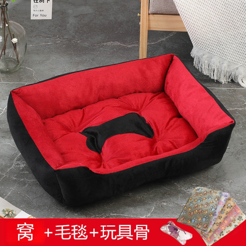 Rectangular washable orthopedic dog bed, suitable for small, medium and large dogs, soft and calm, durable pet bed for sleeping puppies, with anti - slip bottom 矩形可水洗矫形狗床，适用于小型、中型和大型犬，柔软镇静，睡眠小狗床耐用宠物抱抱器，带防滑底部 - 宠物友好型户外用品 - Zhongshan Star Trade - 红黑色++毛毯+骨头 - 90*70*15cm（70斤内 - 1200g）