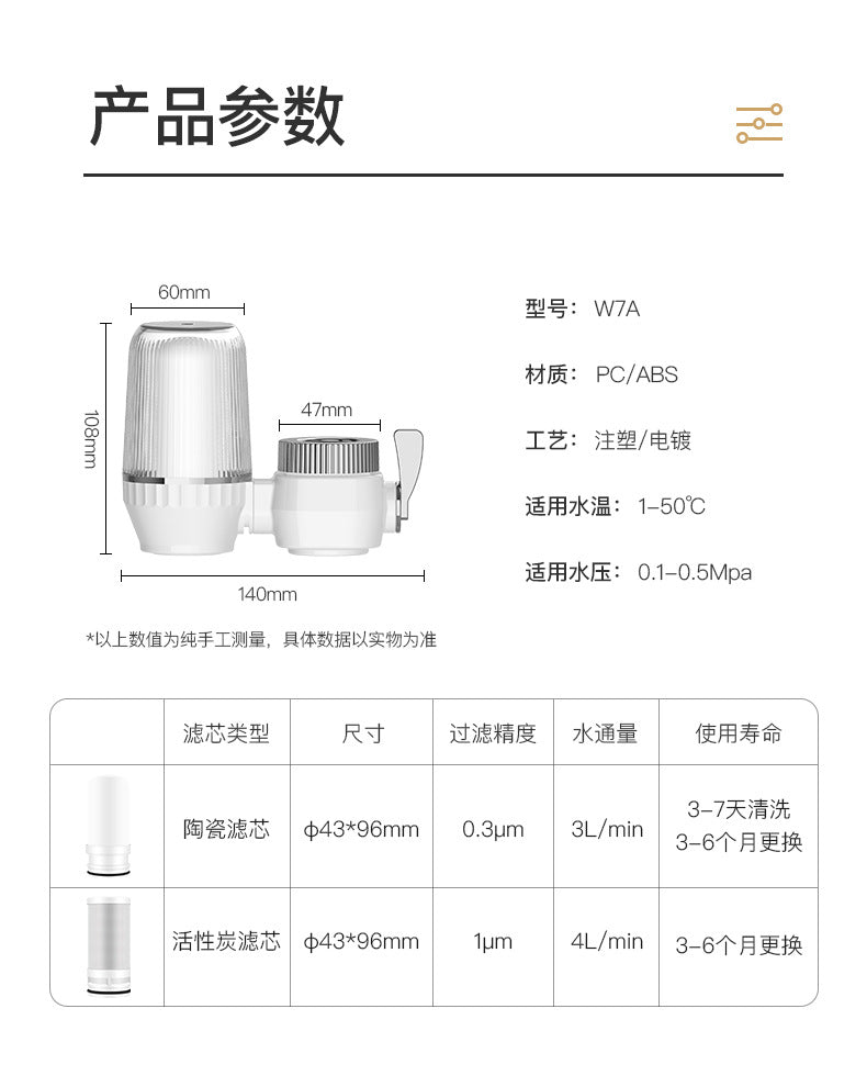 Pre-filter for kitchen faucet with anti-splash water function, made of ceramic activated carbon, for direct drinking water purification.