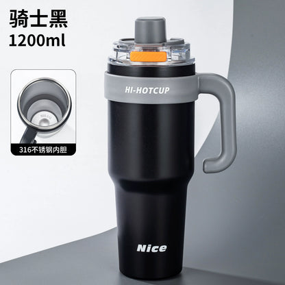 Giant large-capacity insulated ice cup, portable ceramic inner liner straw cup for men, one-click quick-opening insulated cup