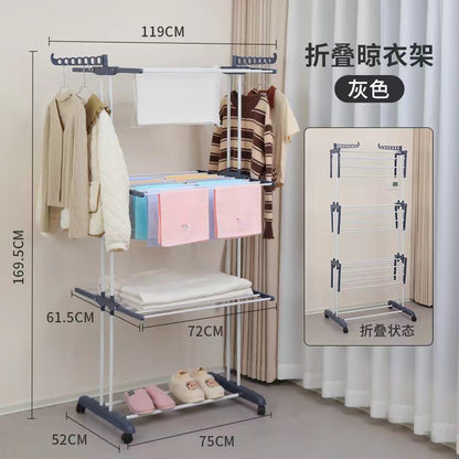 Folding clothes drying rack, clothing 4 - layer clothes rack, stainless steel laundry clothes drying rack with grey wings on both sides 晾衣架折叠晾衣架服装 4 层衣架不锈钢洗衣晾衣架带两侧翼灰色 - 折叠式多功能晾衣架 - Zhongshan Star Trade - Gray - 19管