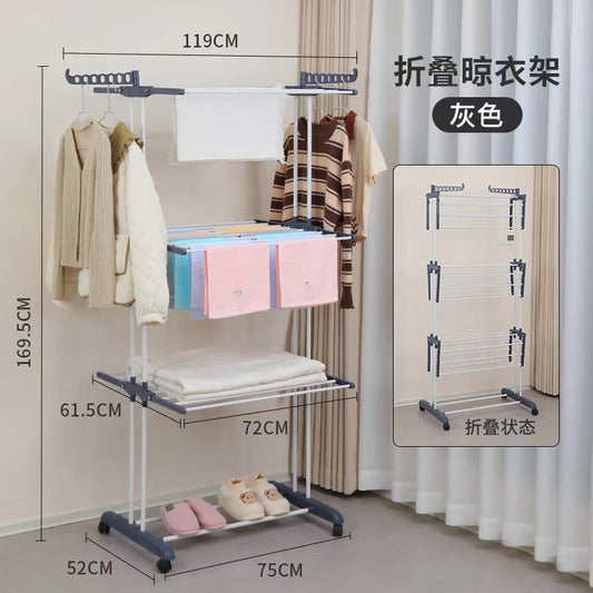 Folding clothes drying rack, clothing 4 - layer clothes rack, stainless steel laundry clothes drying rack with grey wings on both sides 晾衣架折叠晾衣架服装 4 层衣架不锈钢洗衣晾衣架带两侧翼灰色 - 折叠式多功能晾衣架 - Zhongshan Star Trade - Gray - 19管