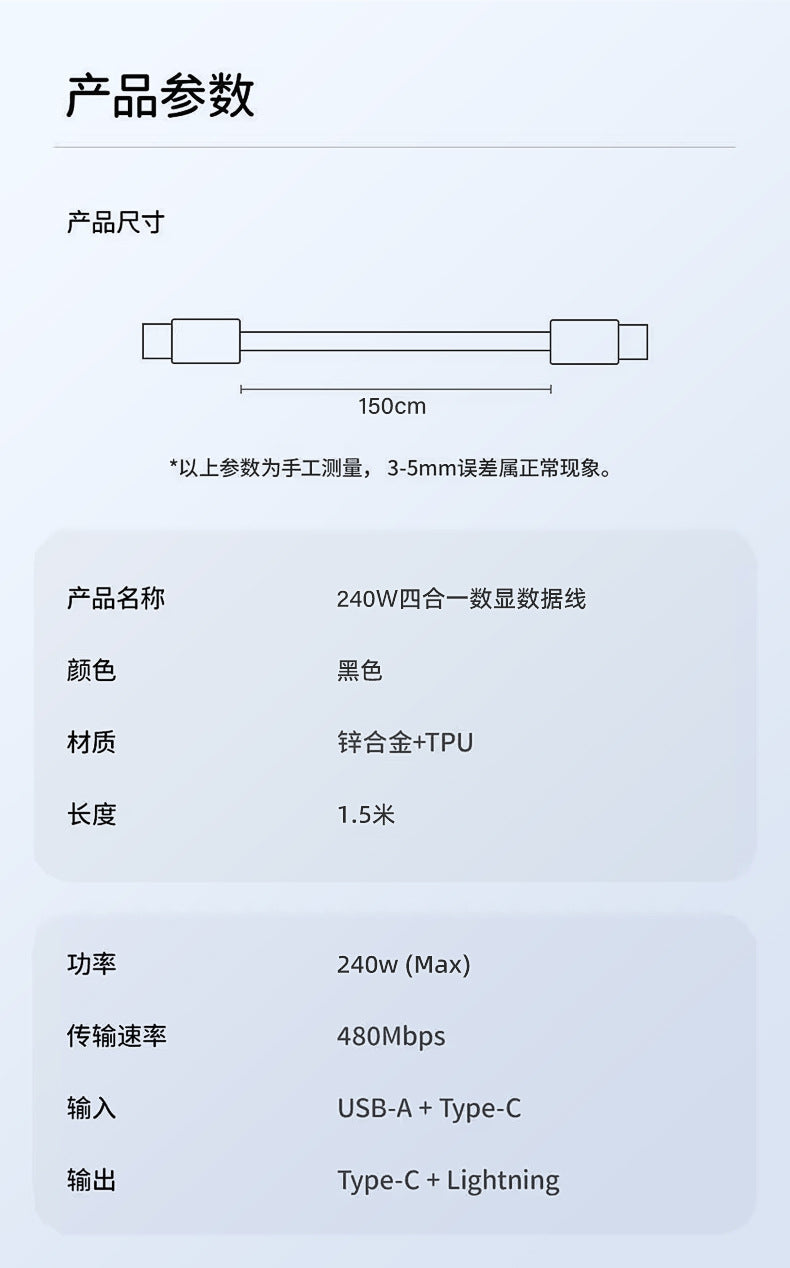 240w four-in-one braided digital display super fast charging cable, 1.5-meter extended, suitable for Apple and Android Type-C data cable