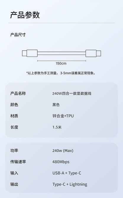 240w four-in-one braided digital display super fast charging cable, 1.5-meter extended, suitable for Apple and Android Type-C data cable