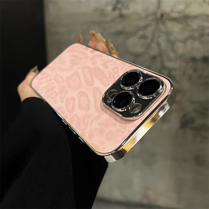 Suitable for Apple iphone17Promax, leather electroplated full cover phone case 15P leopard print ins with built-in lens film