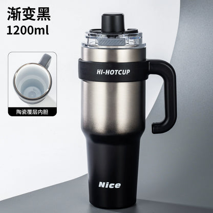 Giant large-capacity insulated ice cup, portable ceramic inner liner straw cup for men, one-click quick-opening insulated cup