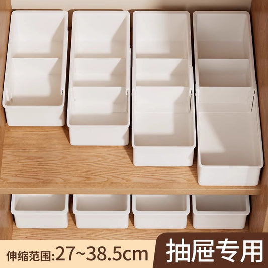 The storage box drawer is divided into built-in retractable rectangular compartments for cosmetics, lipsticks, snacks and small sundries