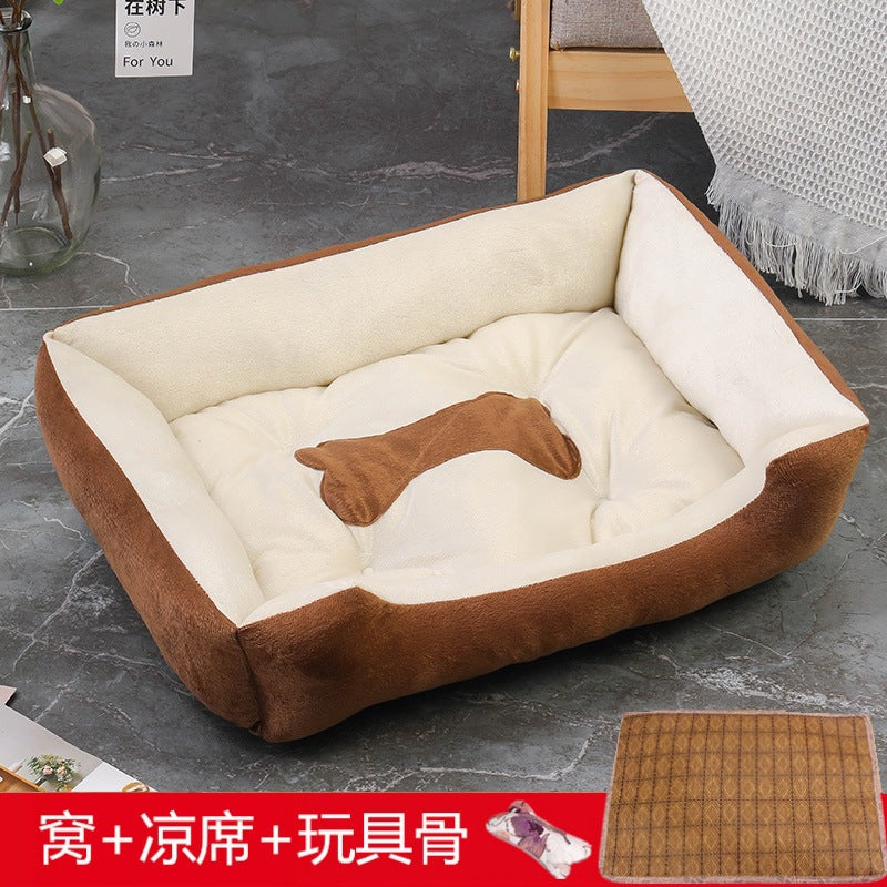 Rectangular washable orthopedic dog bed, suitable for small, medium and large dogs, soft and calm, durable pet bed for sleeping puppies, with anti - slip bottom 矩形可水洗矫形狗床，适用于小型、中型和大型犬，柔软镇静，睡眠小狗床耐用宠物抱抱器，带防滑底部 - 宠物友好型户外用品 - Zhongshan Star Trade - 咖米色+凉席+骨头 - 90*70*15cm（70斤内 - 1200g）
