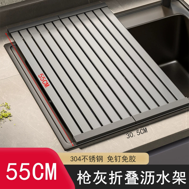 Sink draining rack, 304 stainless steel foldable bowl rack, storage rack, gun grey kitchen countertop storage water filter pa