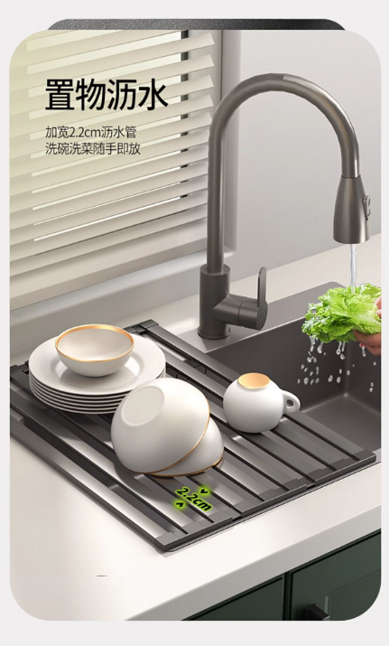 Sink draining rack, 304 stainless steel foldable bowl rack, storage rack, gun grey kitchen countertop storage water filter pa