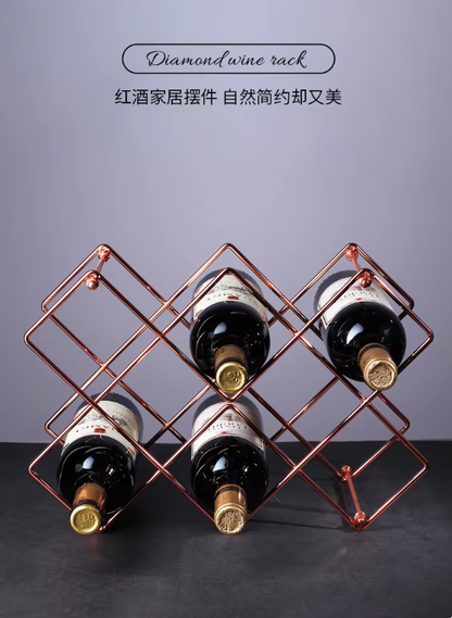 Countertop Wine Rack Rose Gold Deluxe 3 Tier Modern Design 6 Bottles Display Tabletop Kitchen Stand Metal Wine Rack