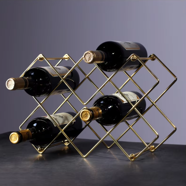 Countertop Wine Rack Rose Gold Deluxe 3 Tier Modern Design 6 Bottles Display Tabletop Kitchen Stand Metal Wine Rack