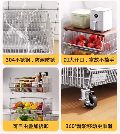 Multi-layered floor-standing household fruit, vegetable and snack storage rack, multi-functional living room trolley