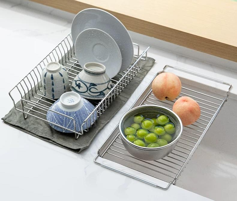 304 stainless steel double drain rack: Countertop storage + telescopic fit, a great helper for draining water in the kitchen 
