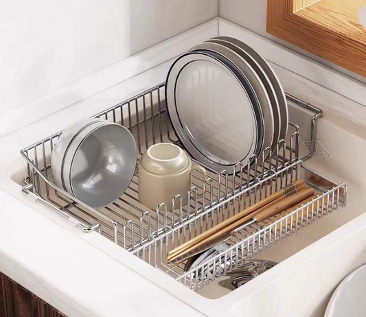 304 stainless steel sink draining rack, telescopic kitchen dish storage rack, filter screen, sink, storage rack, draining - I