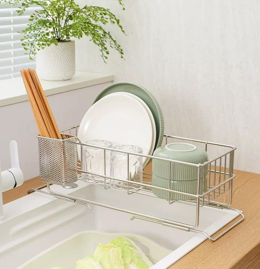 304 stainless steel sink draining rack, telescopic kitchen dish storage rack, shelving rack for draining - Image 1