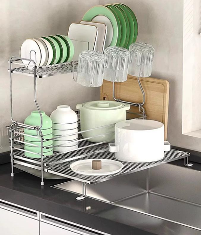 Sink tableware organizer, expandable bowl, plate and cup drainage storage rack, 304 stainless steel kitchen countertop stand 