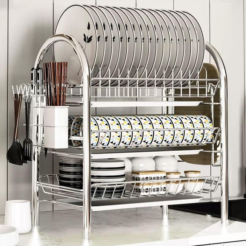 Kitchen drain rack, 304 stainless steel bowl rack, storage rack, countertop three-layer drain rack, tableware storage rack - 