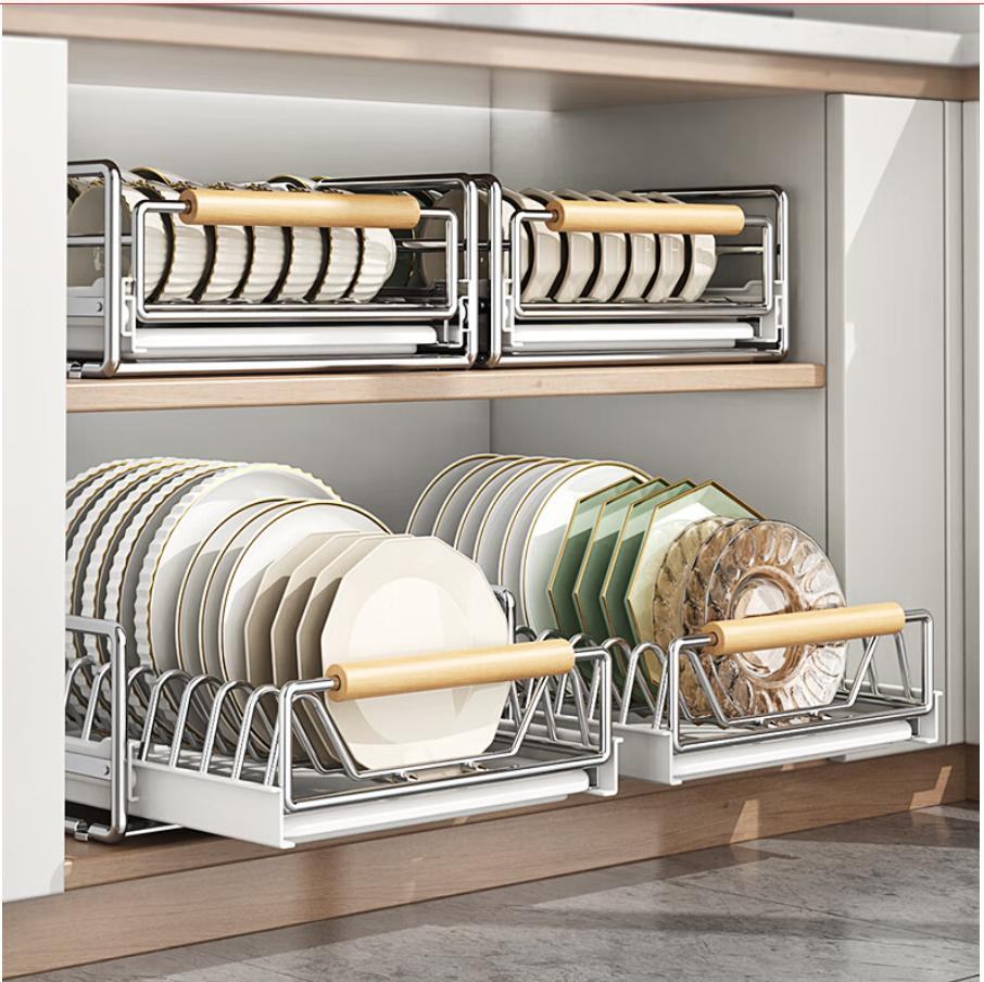 厨房碗碟抽拉收纳架碗盘橱柜拉篮抽屉式放碗水槽沥水碗碟置物架子 - Image 1