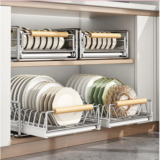 厨房碗碟抽拉收纳架碗盘橱柜拉篮抽屉式放碗水槽沥水碗碟置物架子 - Image 1