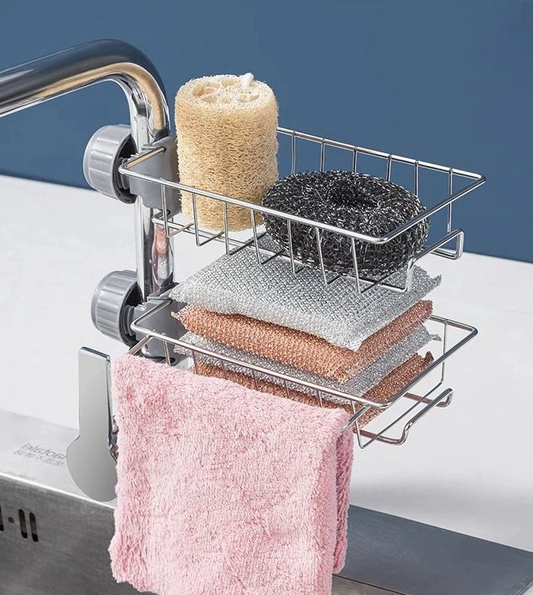 Kitchen multi-functional faucet storage rack, bathroom stainless steel sink rag storage, draining and storage rack - Image 1