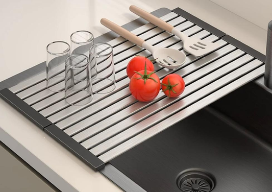 Sink draining rack, 304 stainless steel foldable bowl rack, storage rack, gun grey kitchen countertop storage water filter pa