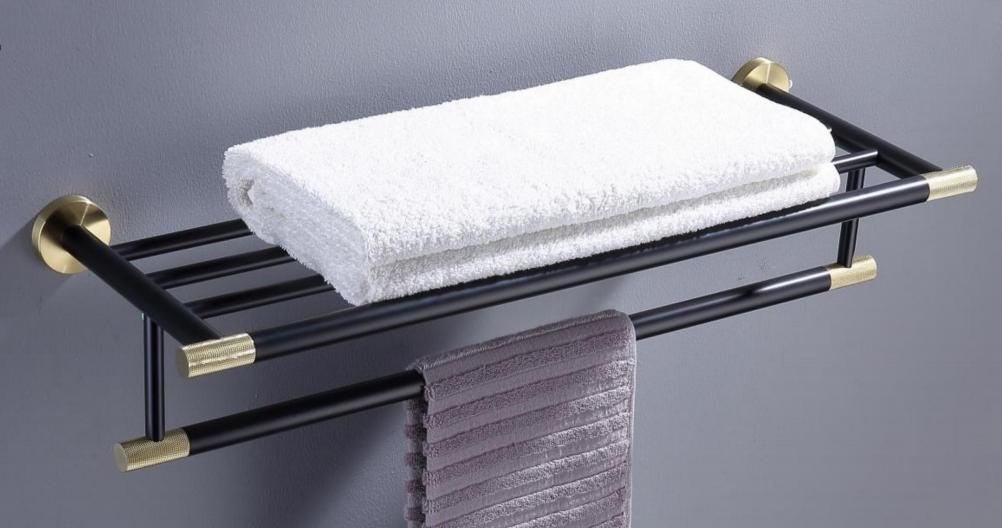 Brushed gold + black household stainless steel perforated towel rack, bathroom bath towel rack
