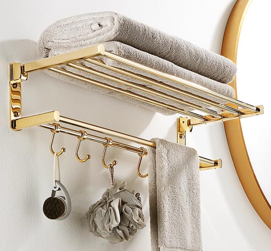 Gold towel rack set, wall-mounted folding bath towel rack, European-style towel pole, bathroom storage rack