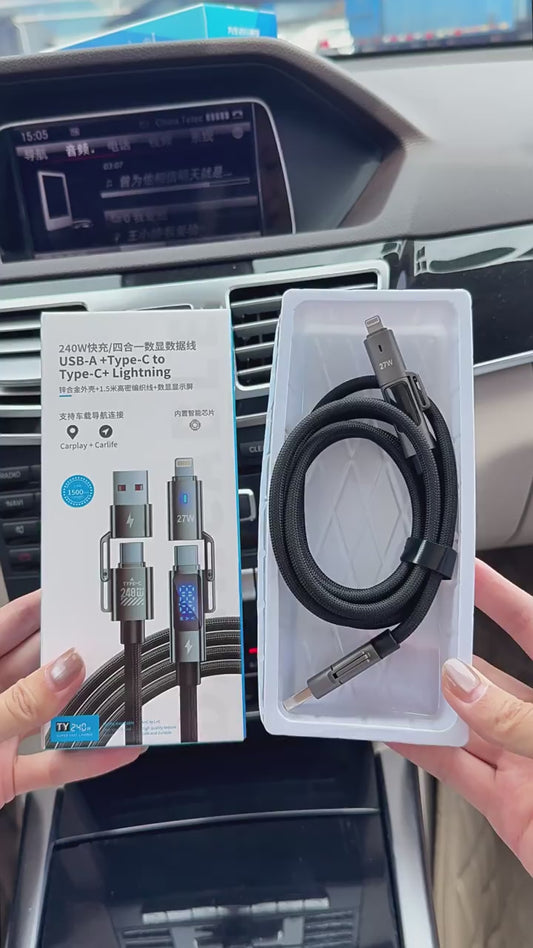 240w four-in-one braided digital display super fast charging cable, 1.5-meter extended, suitable for Apple and Android Type-C data cable